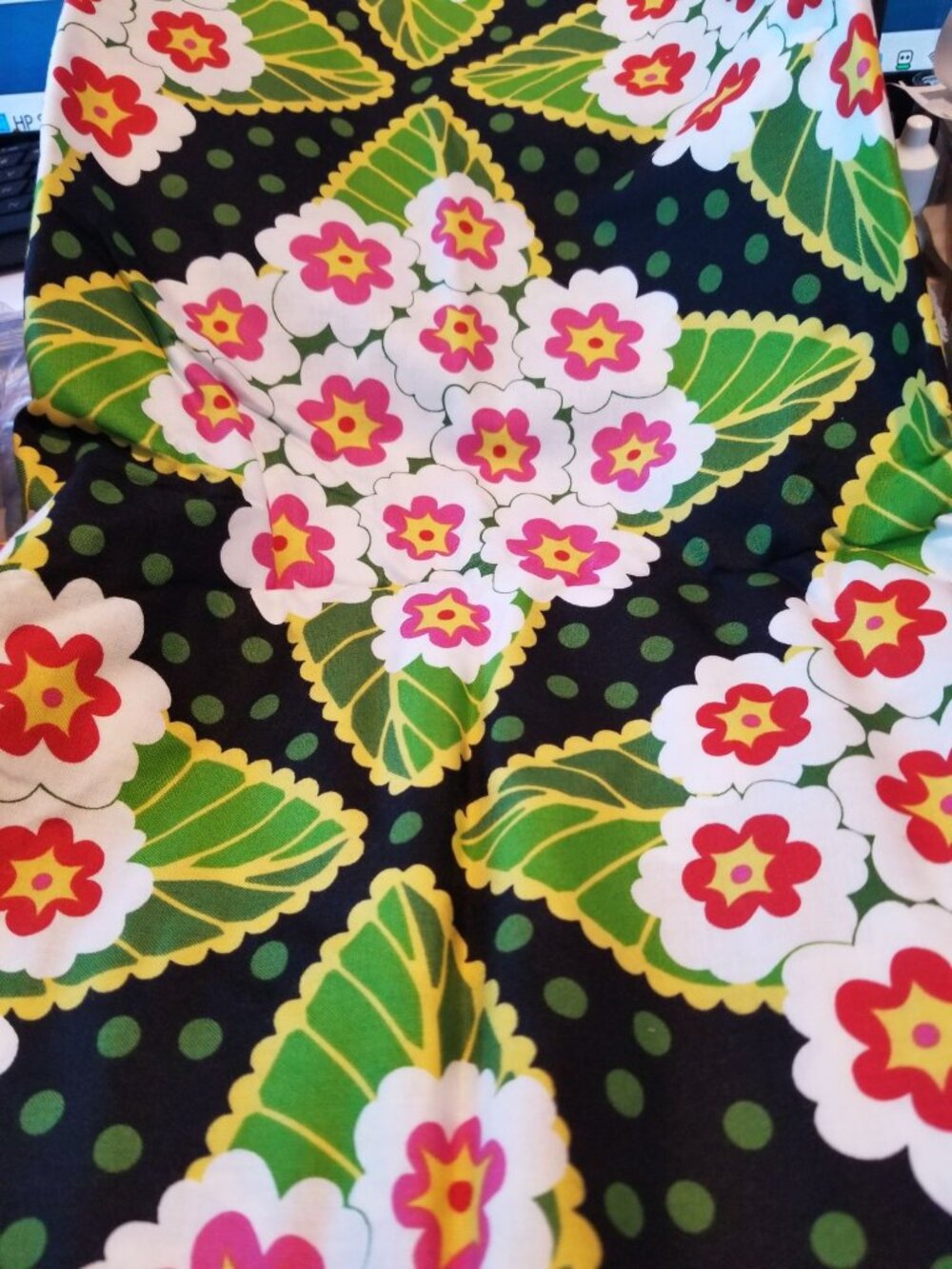 Material Black  Fabric Big Flowers Red White Green Leaves Fabric    46" x 36"